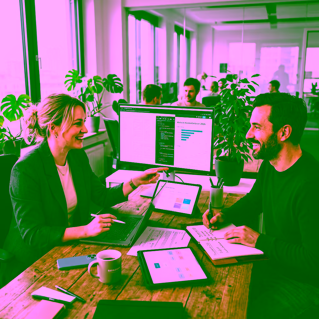 Zwei Personen sitzen an einem Tisch und besprechen die Kosten einer Website