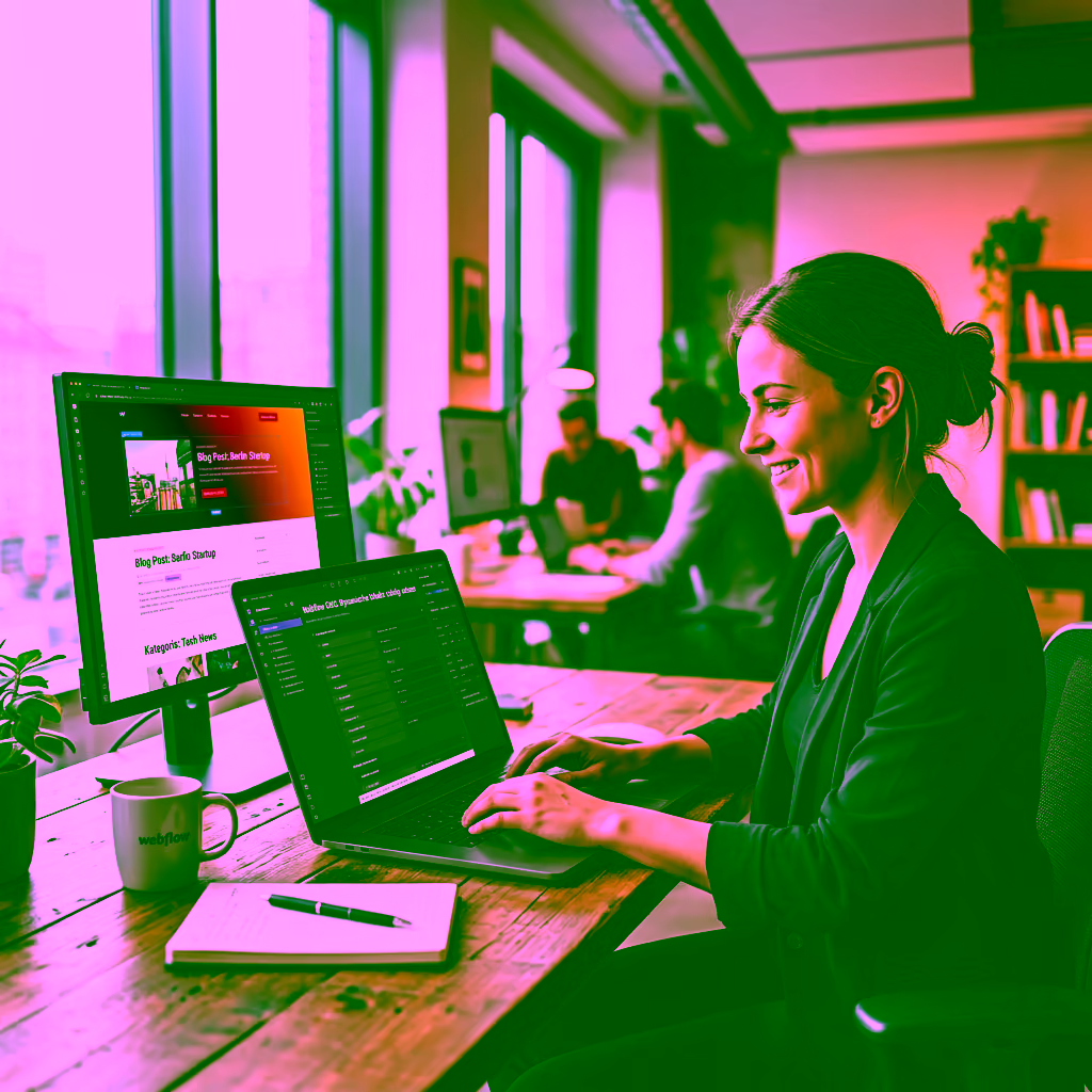 Frau sitzt an Laptop und baut dynamische Inhalte bei Webflow ein