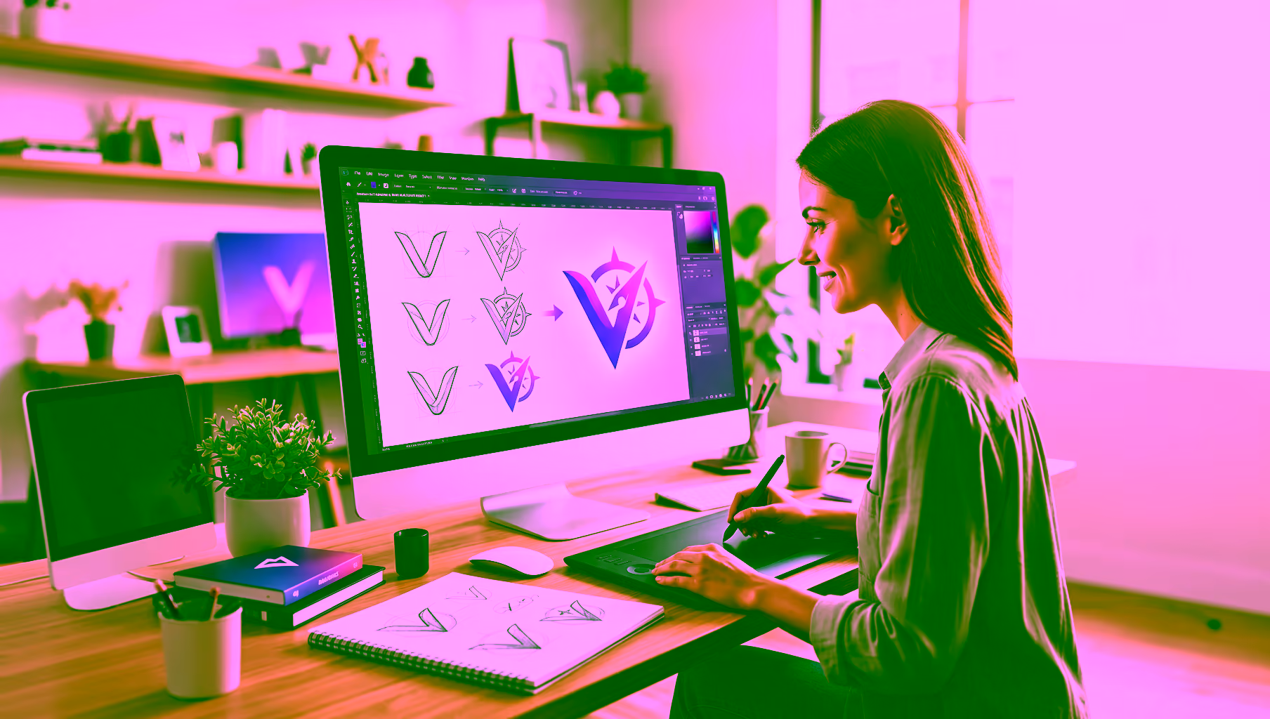 Eine Designerin entwirft ein Logo am Computer