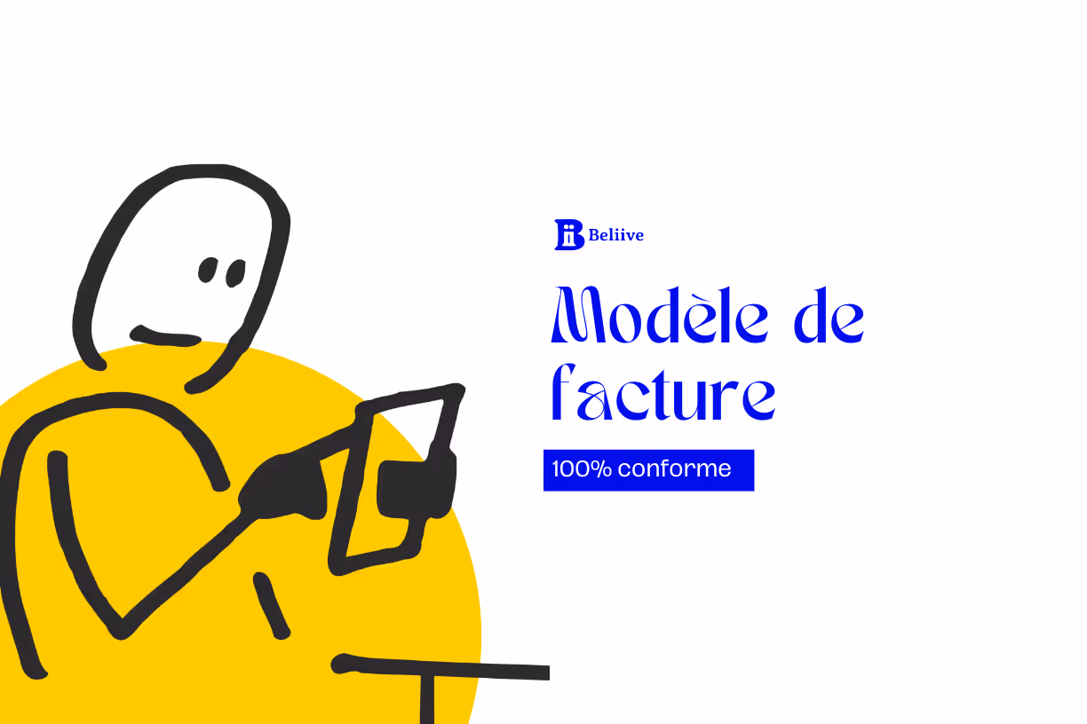 Illustration d'une personne stylisée lisant un document avec un cercle jaune en arrière-plan, à côté du texte bleu « Modèle de facture 100% conforme ».