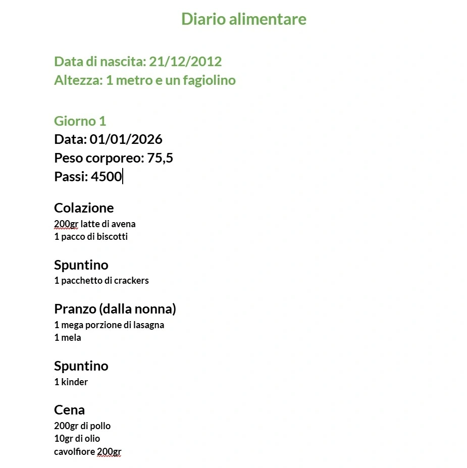 Esempio diario alimentare