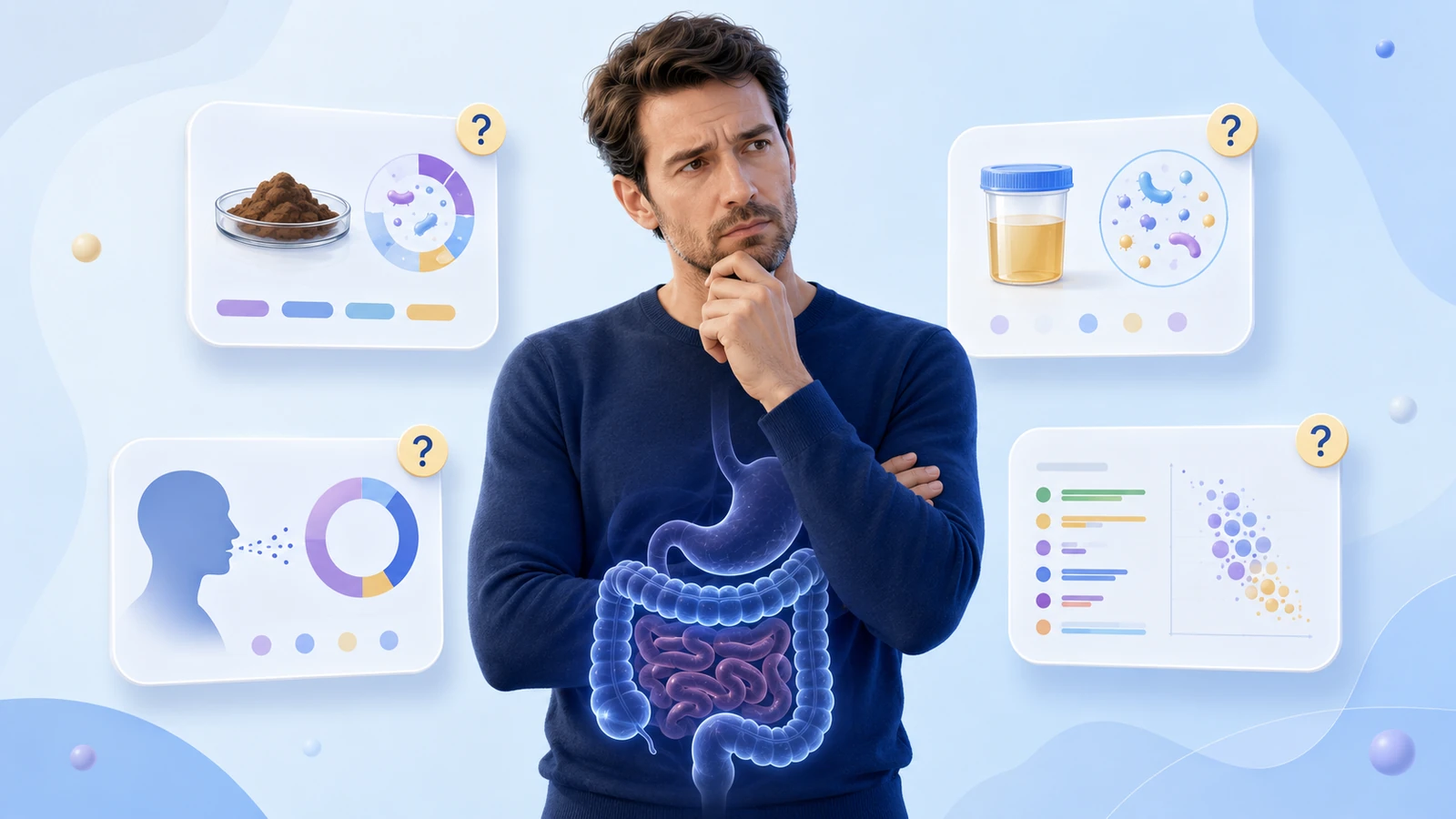 Persona che osserva diversi test intestinali con apparato digerente in trasparenza