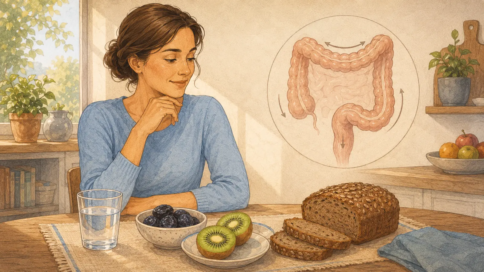 Donna a tavola con kiwi, prugne secche, pane di segale e acqua accanto a un'illustrazione del colon