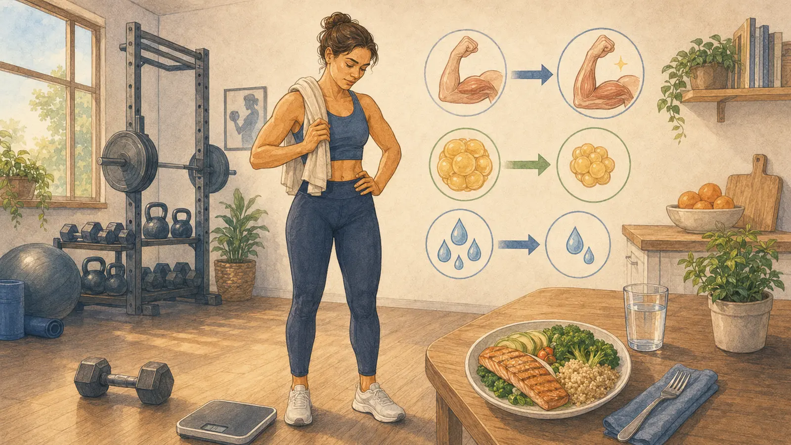 Donna in palestra osserva la bilancia mentre simboli mostrano aumento muscolare, riduzione del grasso e variazioni dei liquidi
