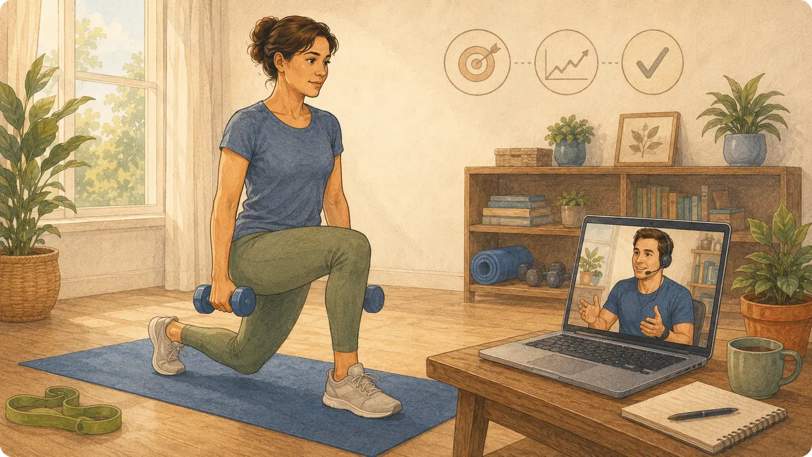Donna che esegue un affondo con manubri seguendo un personal trainer online dal computer