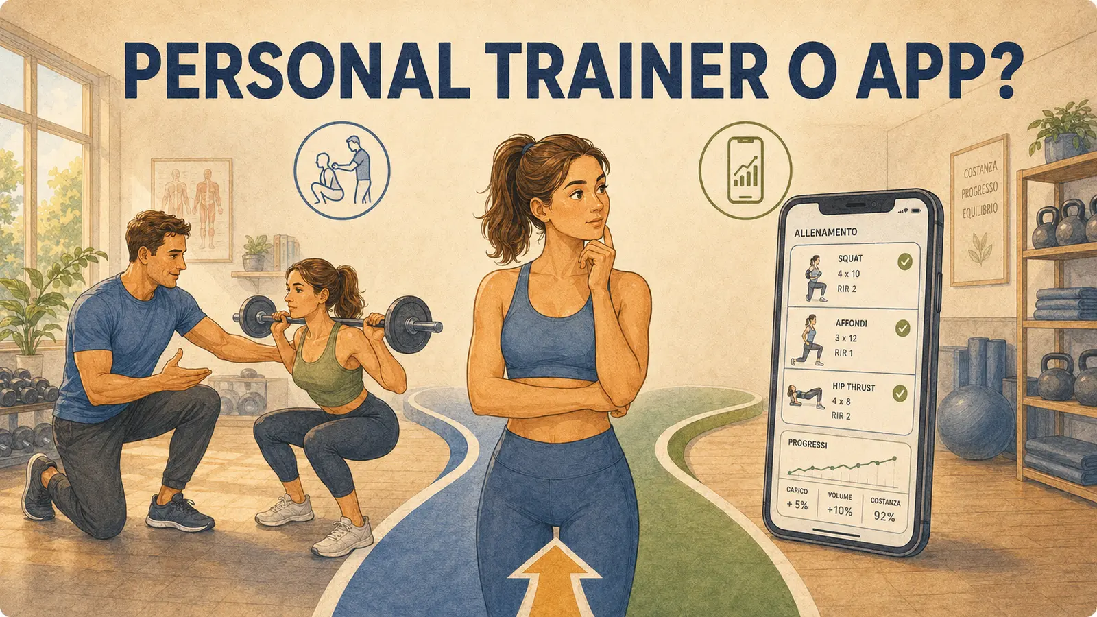 Persona che sceglie tra la supervisione di un personal trainer e un’app di allenamento