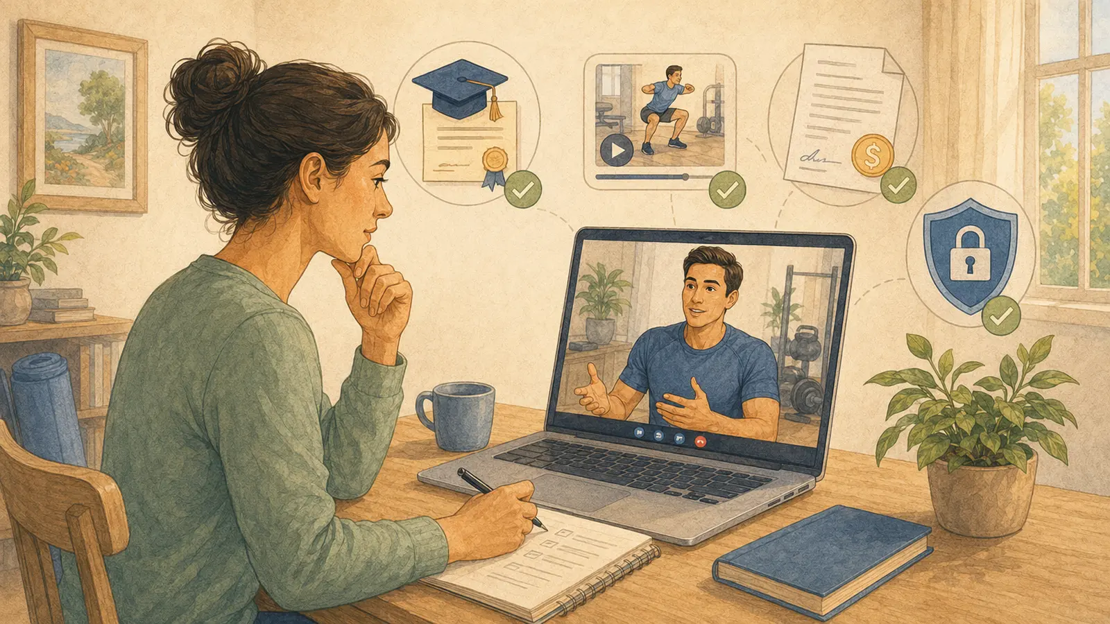 Persona che confronta qualifiche, feedback video, contratto e privacy durante una consulenza con un personal trainer online
