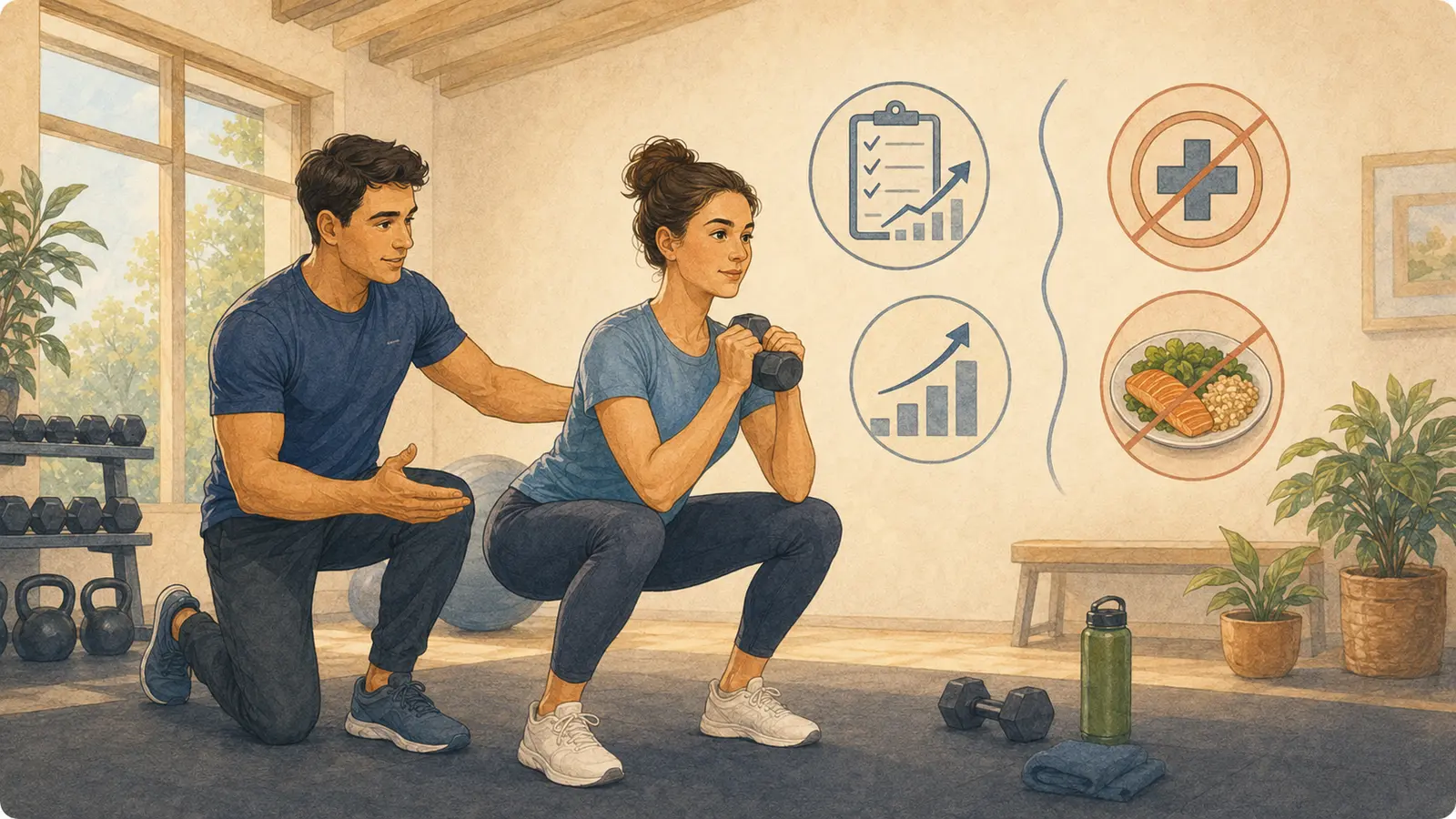 Personal trainer che supervisiona uno squat, con simboli che distinguono allenamento, salute e nutrizione