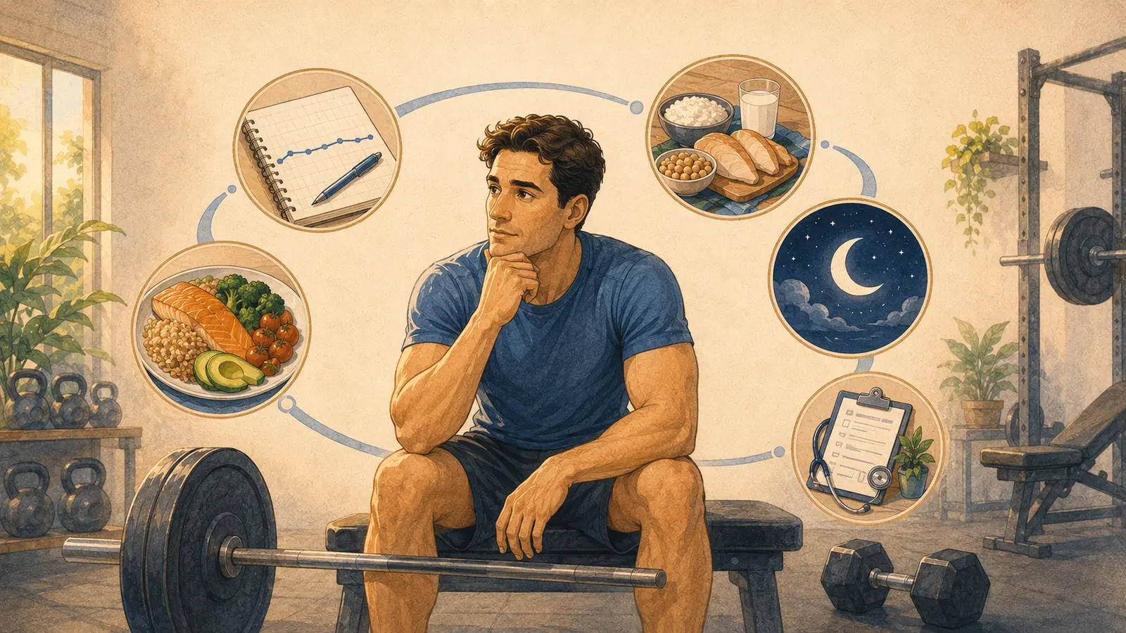 Persona in palestra che valuta allenamento, alimentazione, proteine, sonno e possibili cause cliniche di uno stallo muscolare
