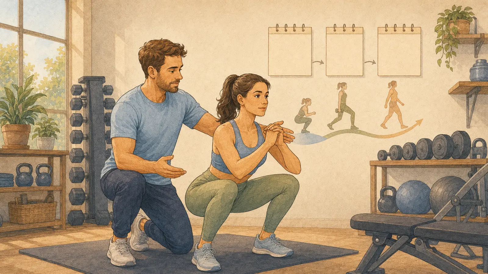 Personal trainer che corregge lo squat di una donna mentre un percorso settimanale illustra la crescita dell’autonomia
