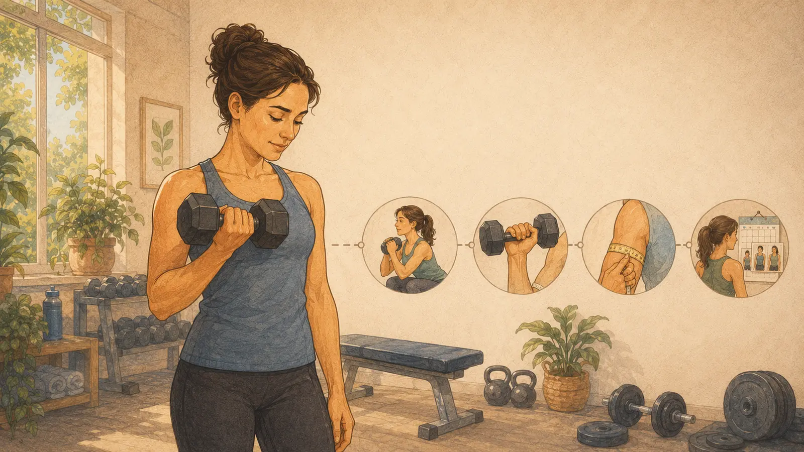 Persona che si allena con un manubrio mentre una sequenza di icone mostra i diversi tempi dei progressi in palestra.