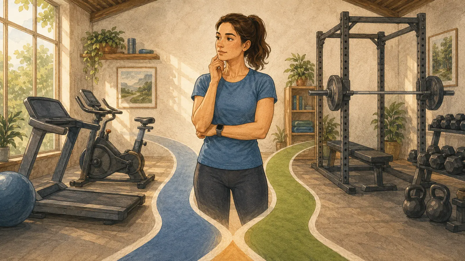Persona in palestra tra area cardio e area pesi, a confronto per dimagrimento e composizione corporea