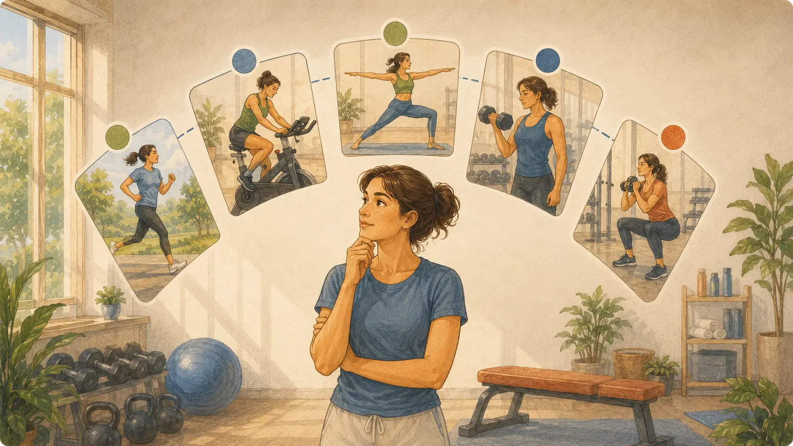 Persona in palestra valuta cinque modalità di allenamento tra attività aerobica, mobilità e forza
