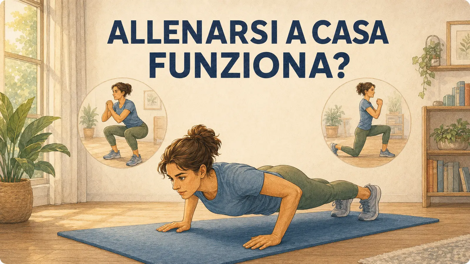 Donna esegue un push-up a casa con riquadri dedicati a squat e affondi a corpo libero
