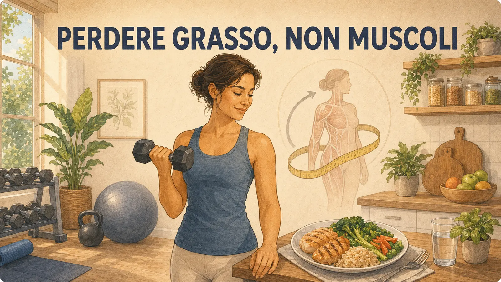 Donna che si allena con un manubrio accanto a un pasto equilibrato, simbolo di dimagrimento con preservazione muscolare