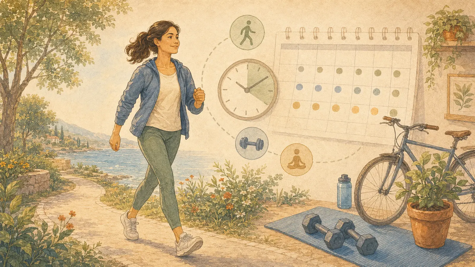 Donna che cammina a passo sostenuto accanto a calendario, orologio, bicicletta e pesi