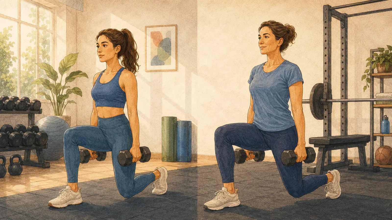 La stessa donna a 20 e 40 anni esegue un affondo con manubri in palestra, mostrando che entrambe le età restano allenabili