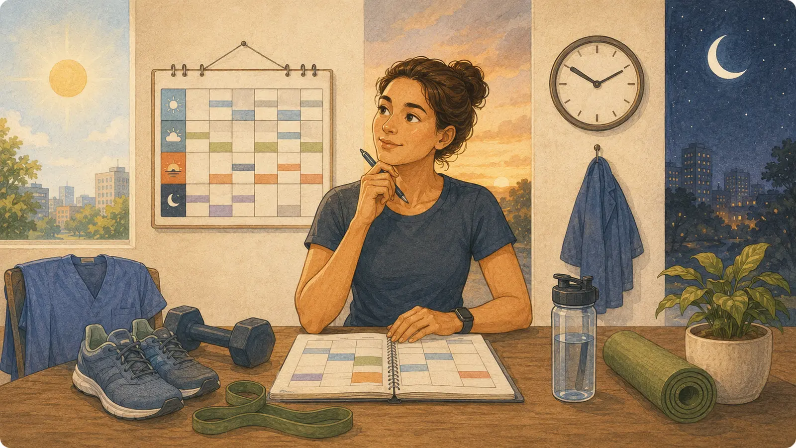 Una lavoratrice organizza un allenamento flessibile tra calendario, attrezzi essenziali e finestre che alternano giorno e notte.
