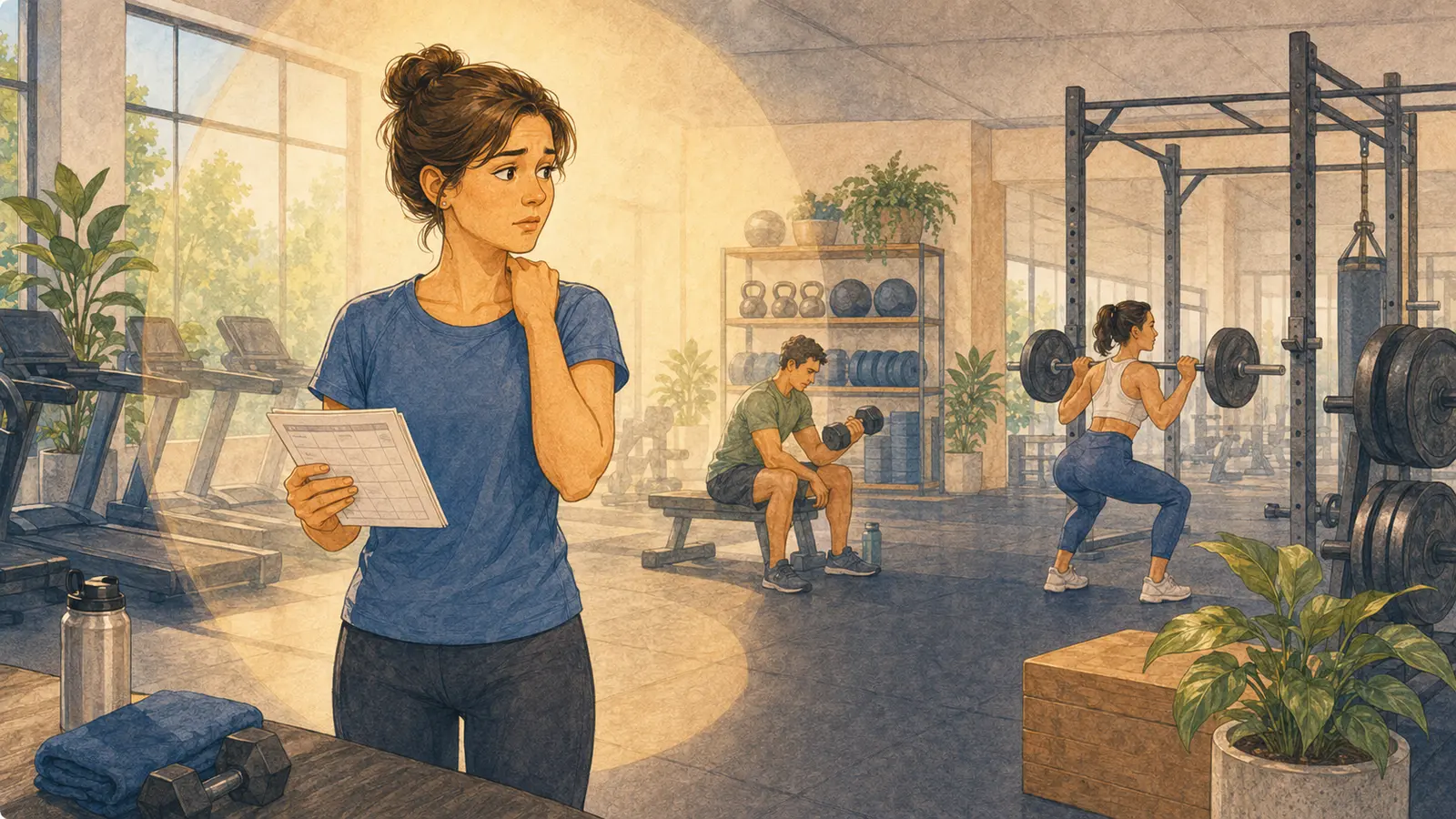 Persona esitante con una scheda in mano in palestra mentre gli altri utenti sono concentrati sul proprio allenamento