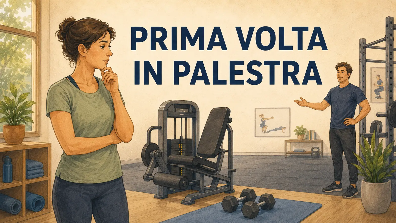 Persona alla prima esperienza in palestra osserva una macchina guidata e alcuni manubri mentre un trainer offre indicazioni.