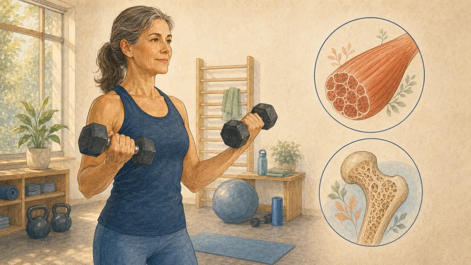 Donna in menopausa esegue curl con manubri accanto a richiami illustrati di muscolo e osso