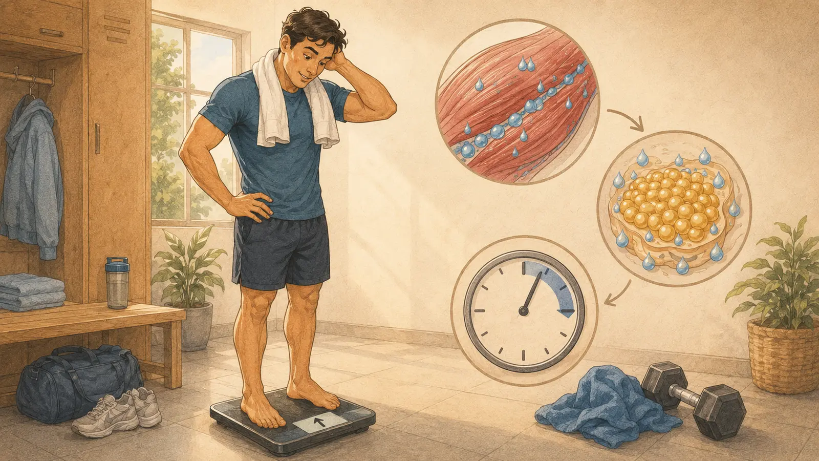 Uomo su una bilancia dopo un allenamento con simboli di acqua muscolare, glicogeno e tempo