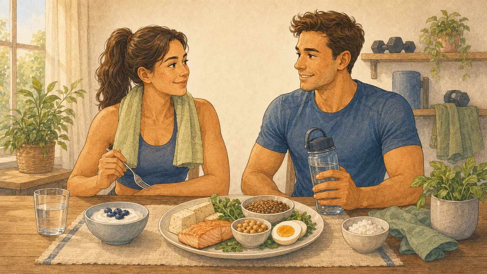 Una donna e un uomo dopo l’allenamento davanti a un pasto con diverse fonti proteiche.