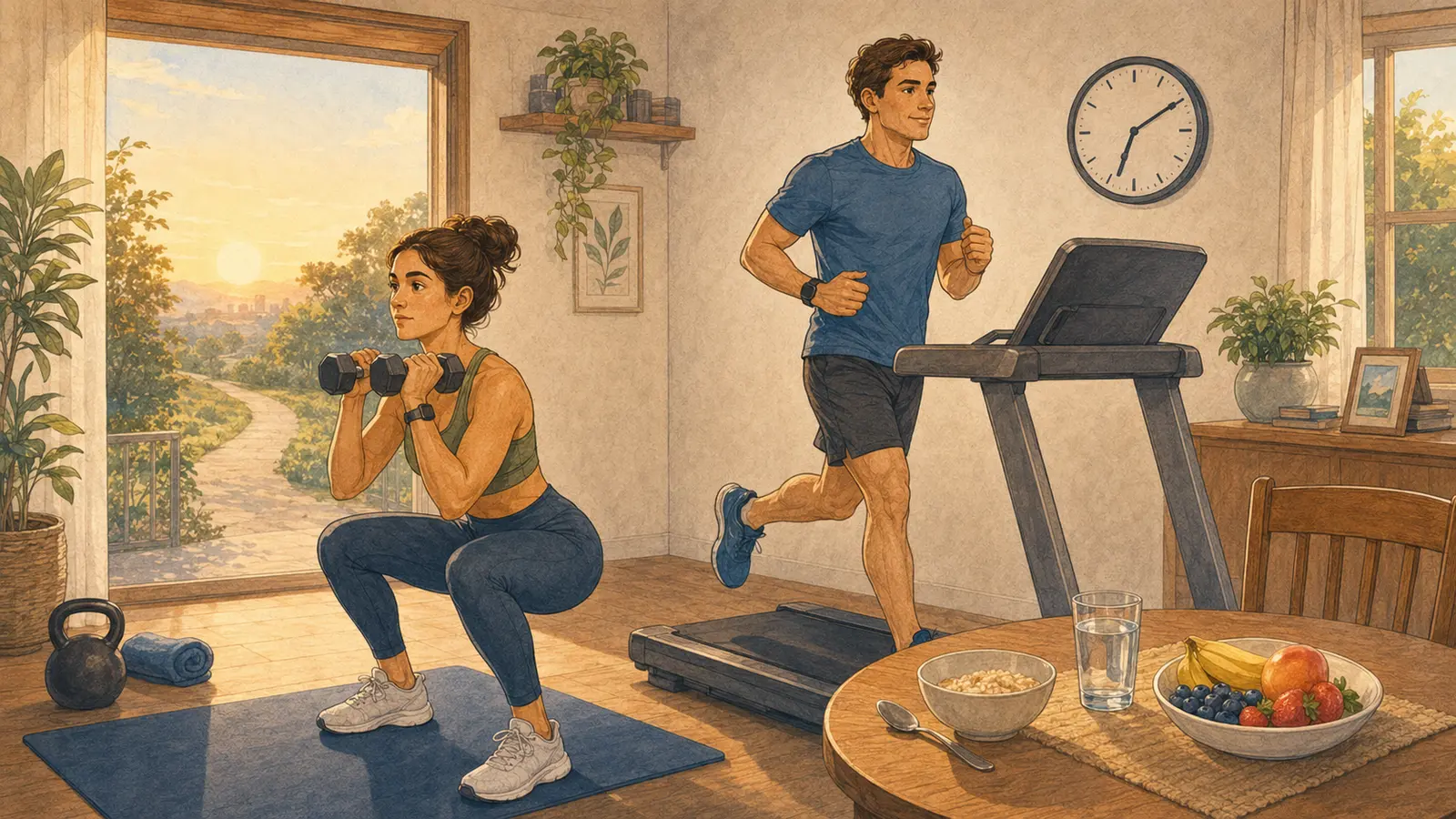 Donna con manubri e uomo sul tapis roulant si allenano al mattino prima di una colazione non ancora consumata