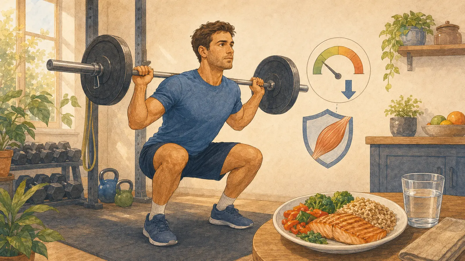 Uomo esegue uno squat con bilanciere accanto a simboli di deficit moderato, protezione muscolare e pasto equilibrato