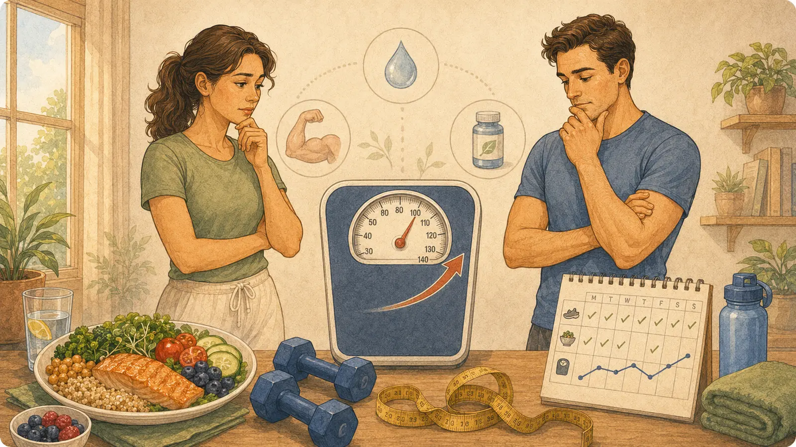 Donna e uomo osservano una bilancia in aumento accanto a un pasto sano, manubri e un diario settimanale