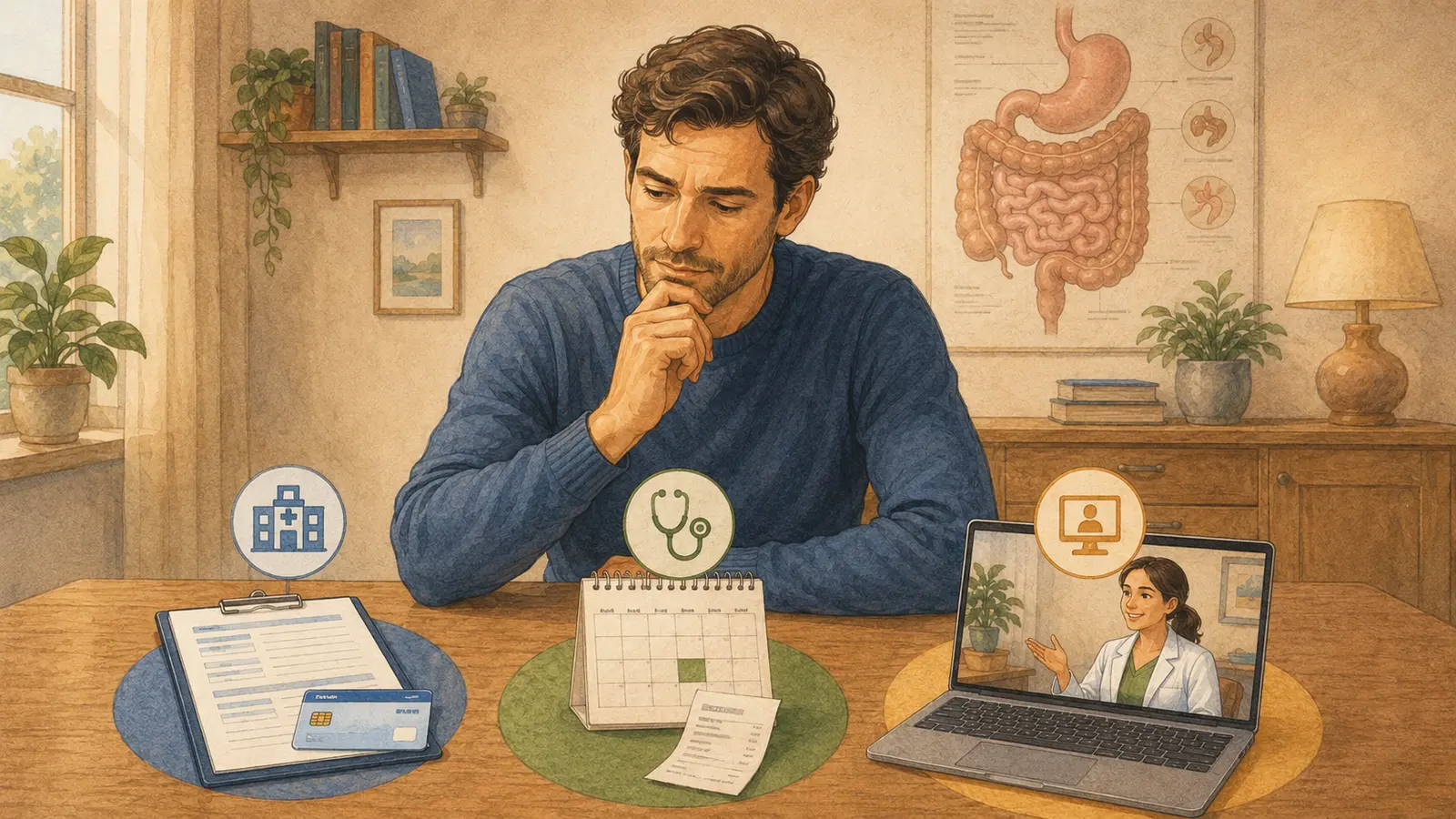 Uomo che confronta visita gastroenterologica tramite SSN, studio privato e videochiamata online