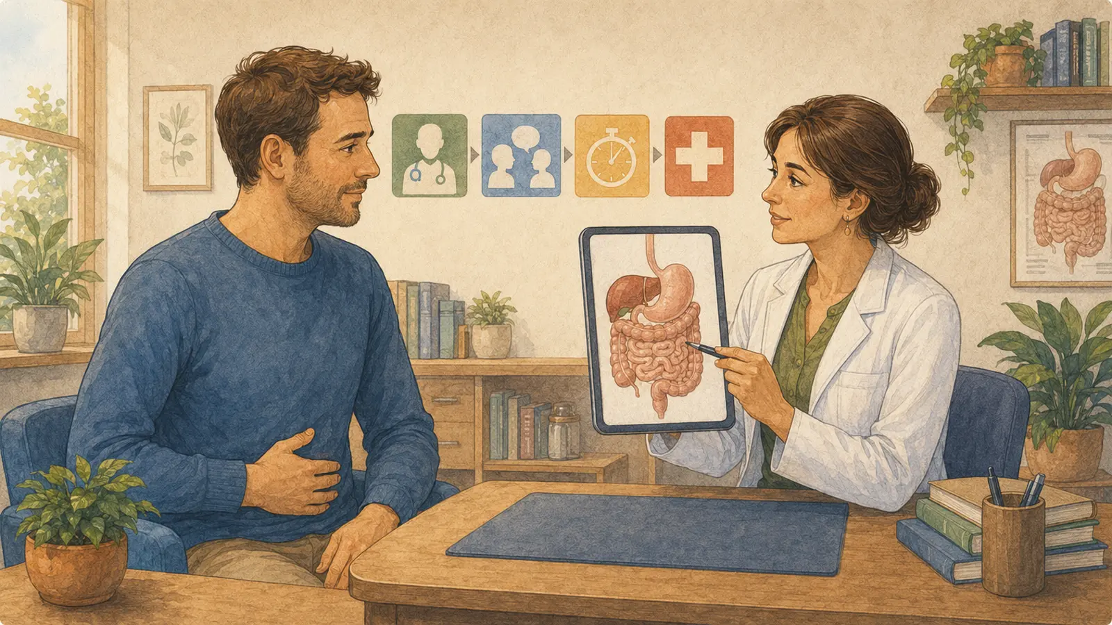 Paziente durante una visita con una gastroenterologa che mostra l’apparato digerente e i diversi livelli di assistenza
