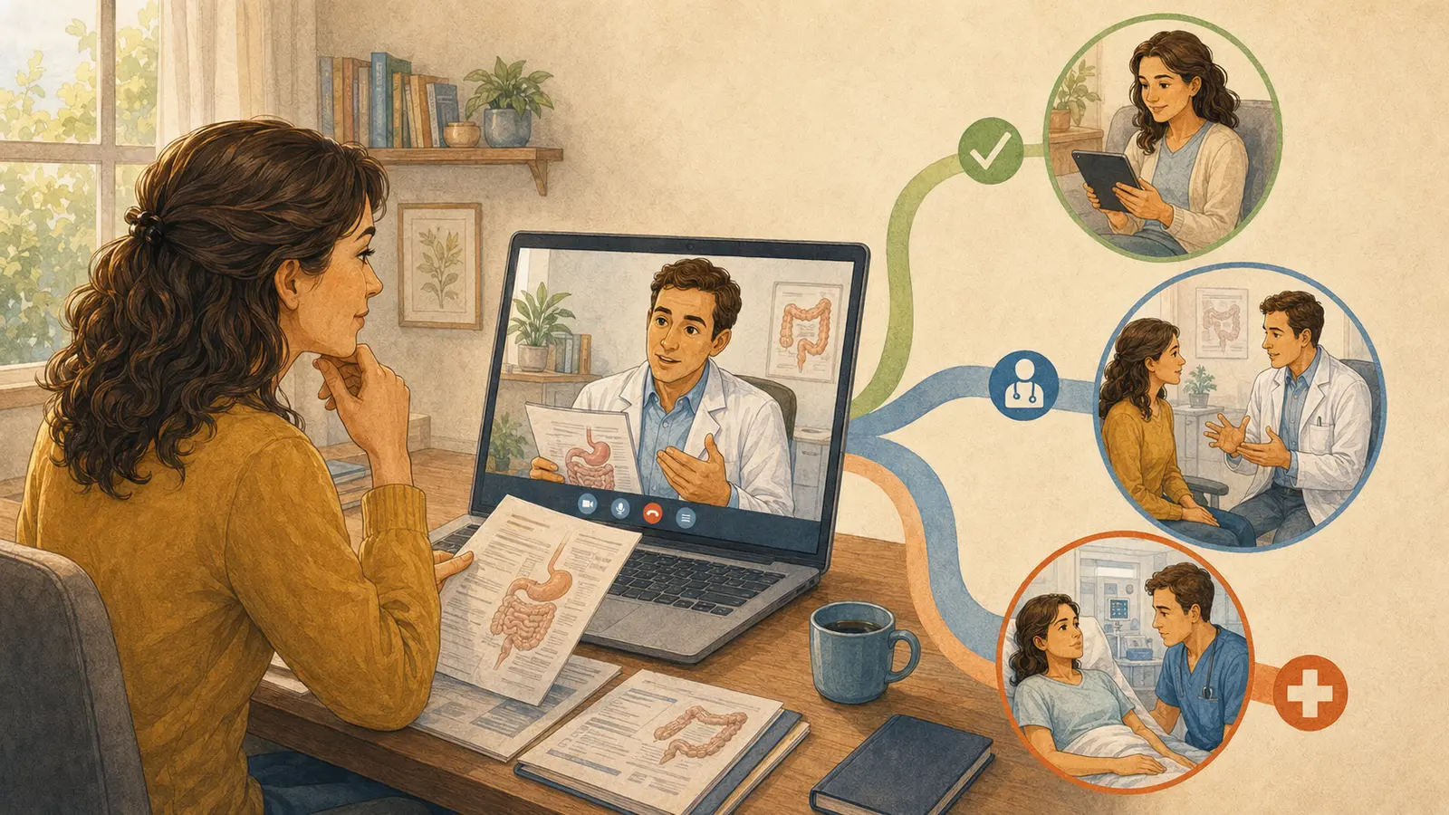 Donna durante una visita gastroenterologica online con un medico che indica quando proseguire online, in presenza o in urgenza