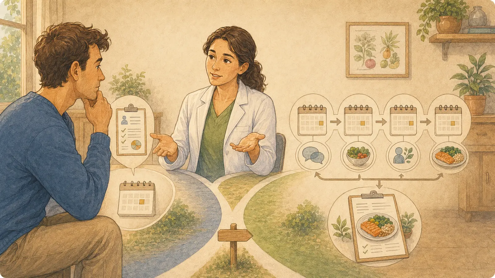 Uomo e nutrizionista confrontano una visita singola con un percorso di follow-up nutrizionale