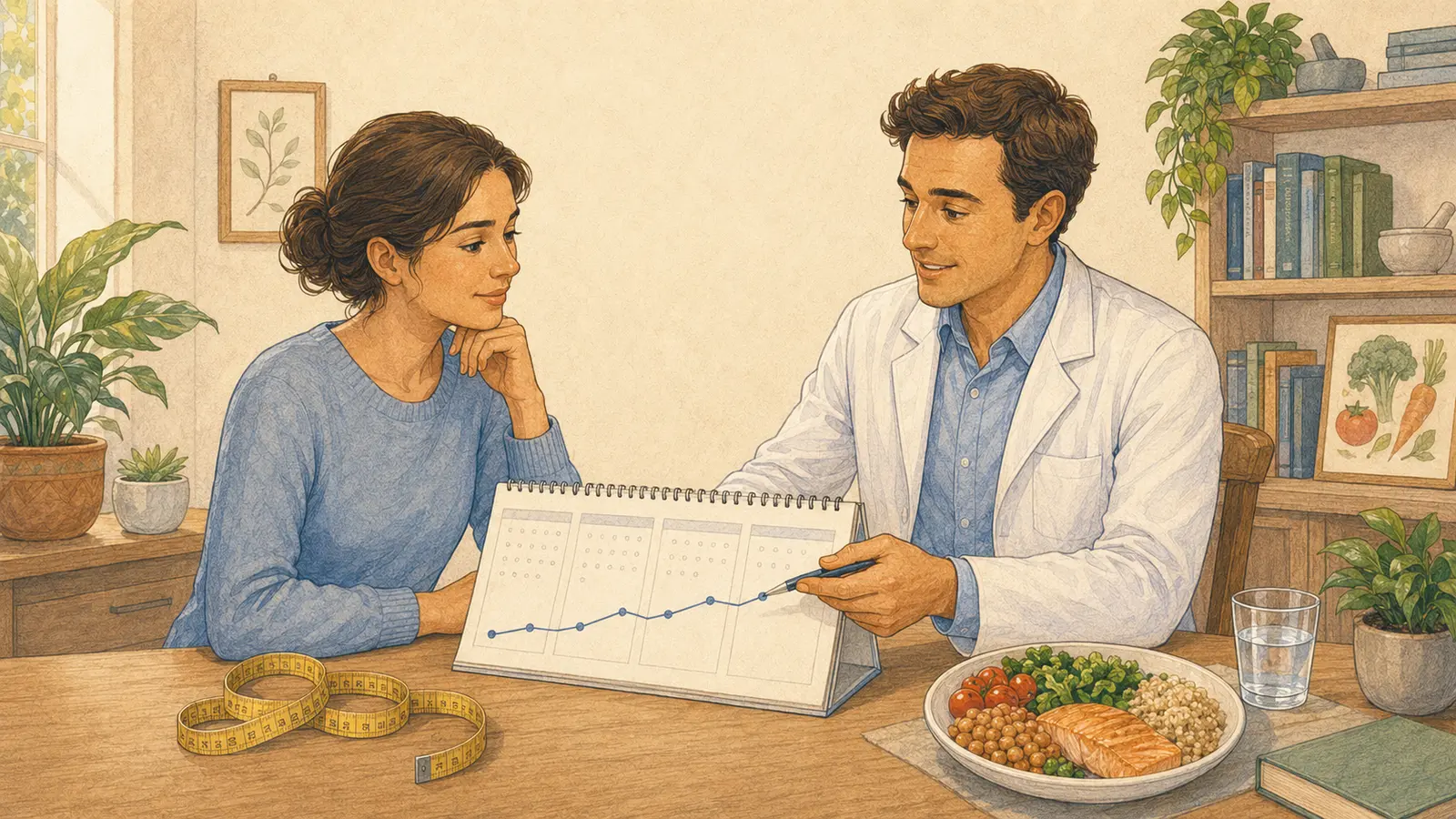 Donna e nutrizionista osservano su un calendario l’andamento graduale di un percorso nutrizionale