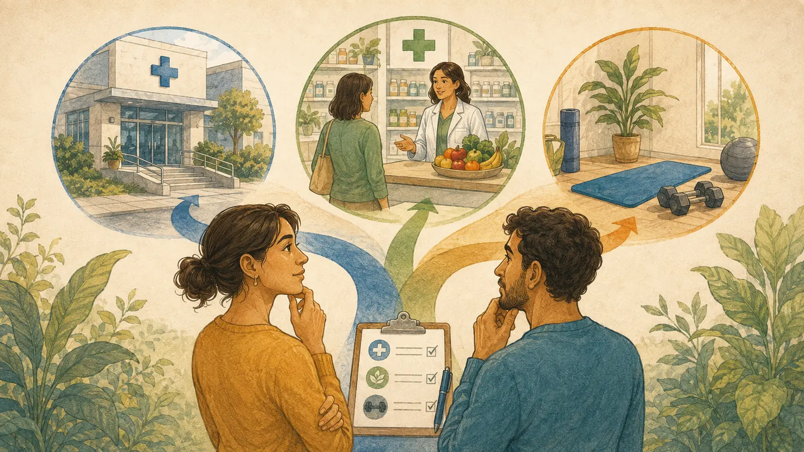 Due persone confrontano i percorsi nutrizionali disponibili in ASL, farmacia e palestra