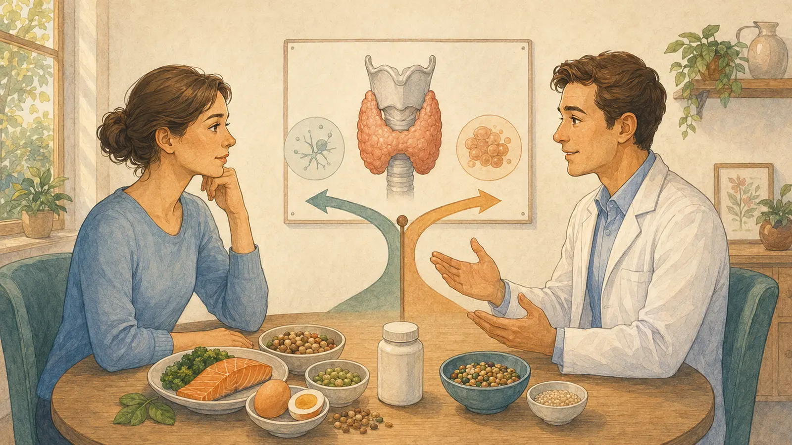 Donna e medico discutono il ruolo del selenio davanti ad alimenti e a una tavola anatomica della tiroide