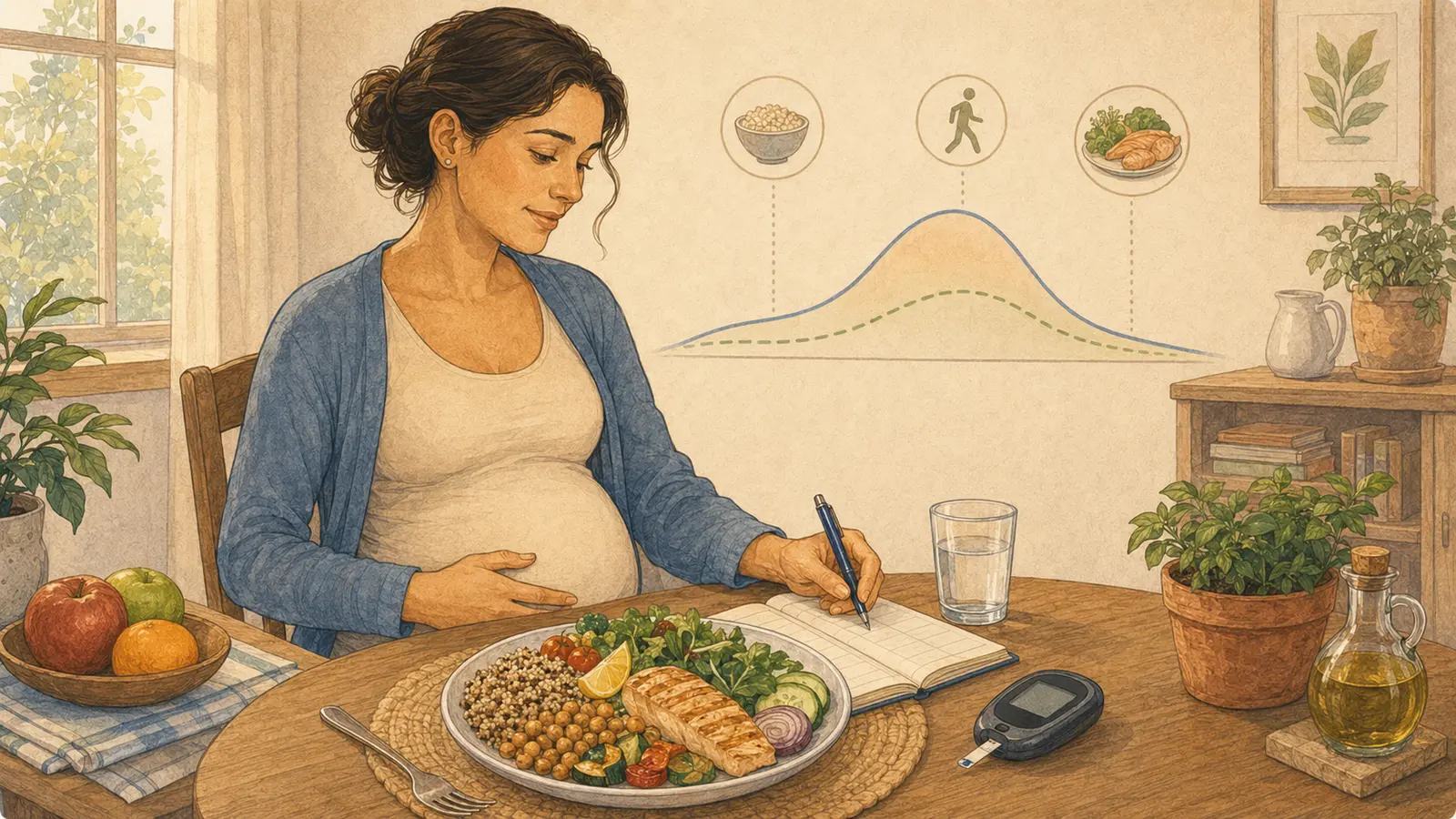 Donna in gravidanza compila il diario glicemico davanti a un pasto bilanciato per il diabete gestazionale