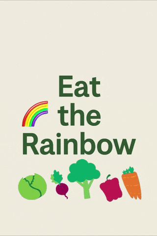 Verdure illustrate sotto la scritta Eat the Rainbow