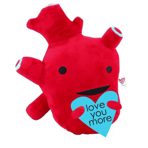 Peluche rosso a forma di cuore che tiene un piccolo cuore azzurro