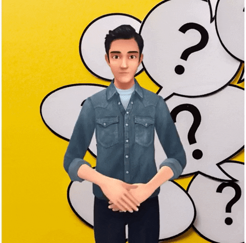 Personaggio animato davanti a grandi punti interrogativi