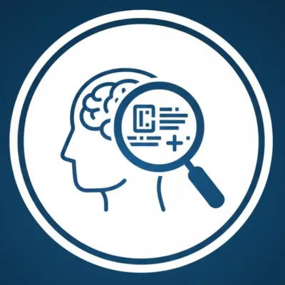 Icon showing a human head with a brain visible through a magnifying glass, symbolizing AI's ability to analyze and augment diagnostic precision in healthcare.
