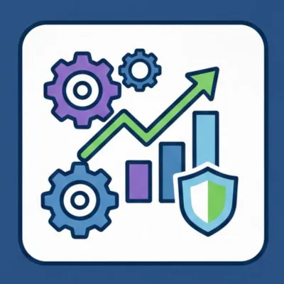 Icon showing a gear system overlaid with a finance graph and a dollar sign, representing the automation of workflows and the resulting reduction in operational costs within a healthcare system.