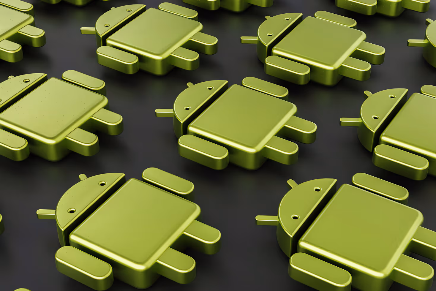 A group of green Androids, mascots of Google's Android operating system, sitting next to each other