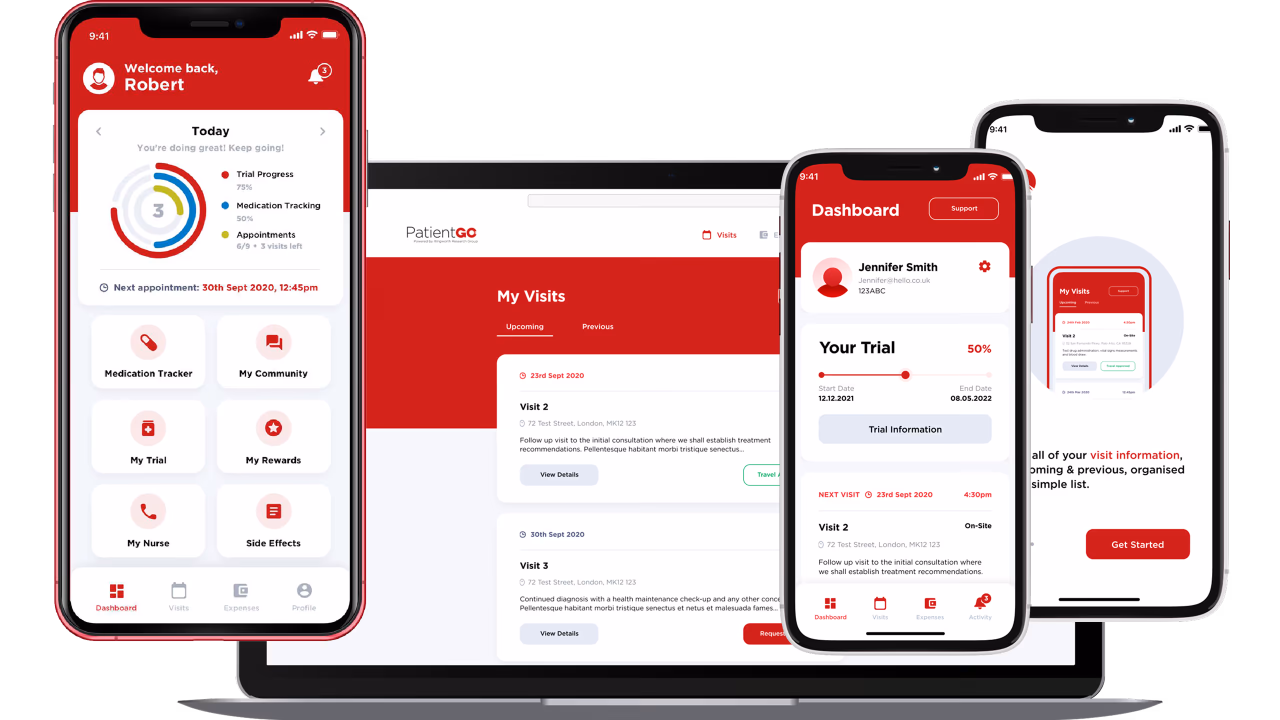 PatientGo app interface showing dashboard with trial progress, medication tracker, appointments, and visit details on multiple devices.