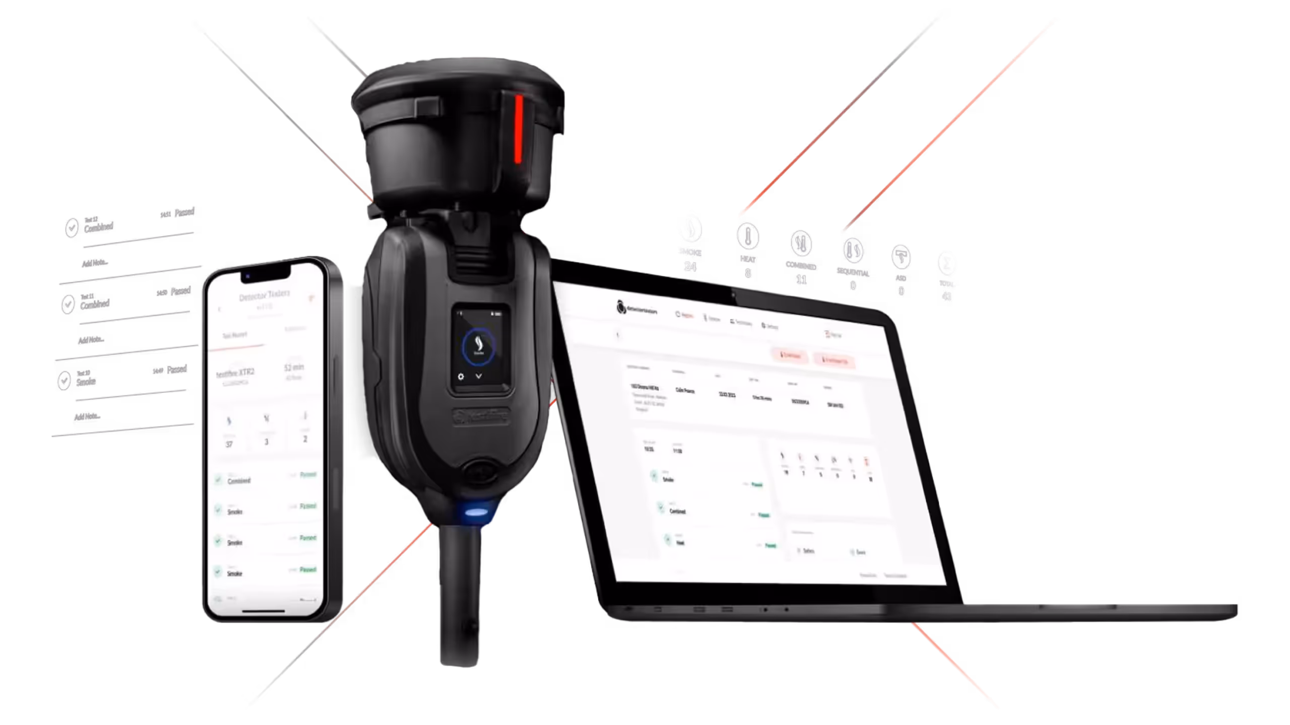 Smart detector tester device connected to a mobile phone and a laptop displaying test reports and smoke detector statuses.