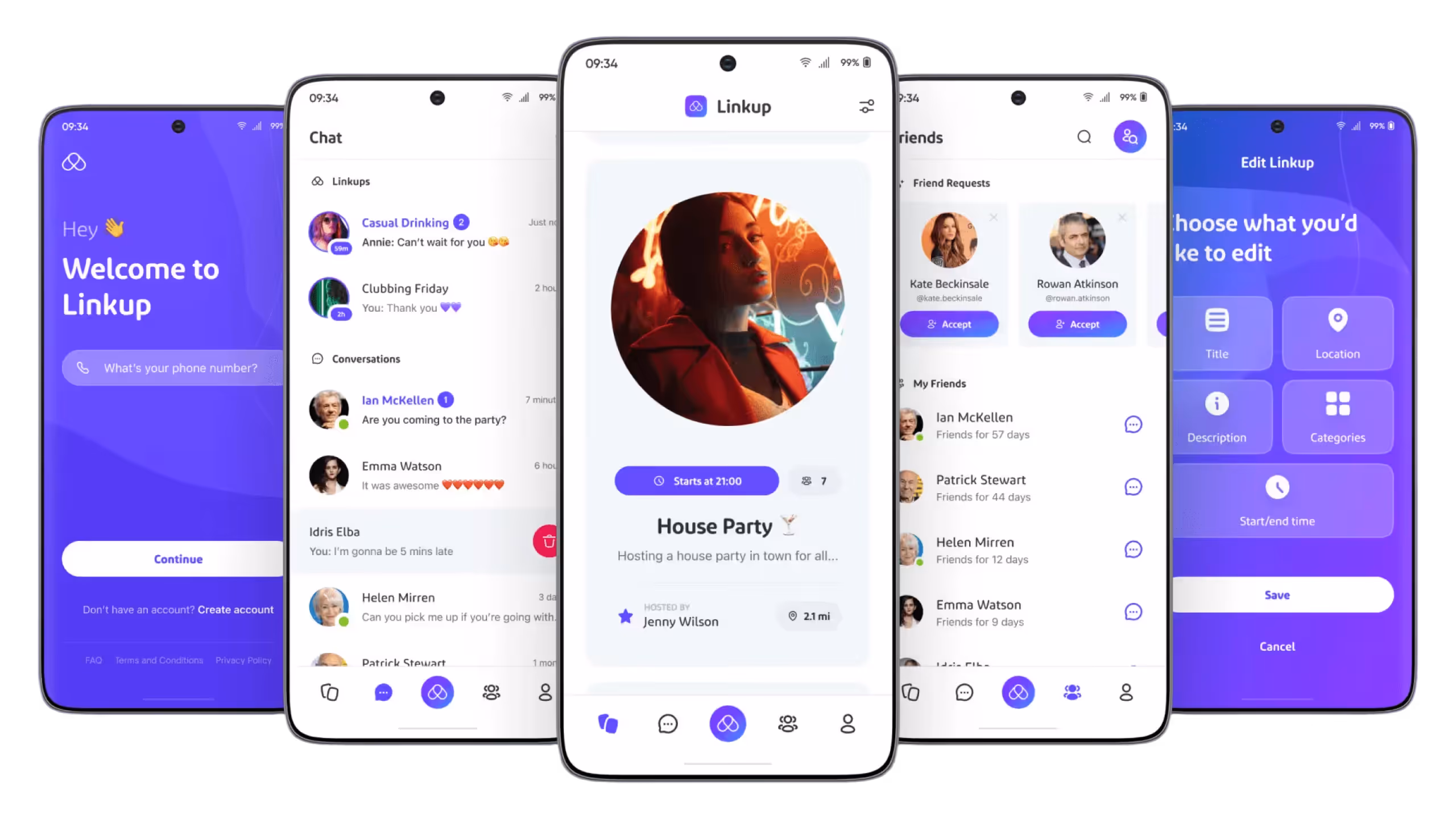 Five smartphones displaying different screens of the Linkup app, including welcome, chat, event details, friends list, and edit event settings.