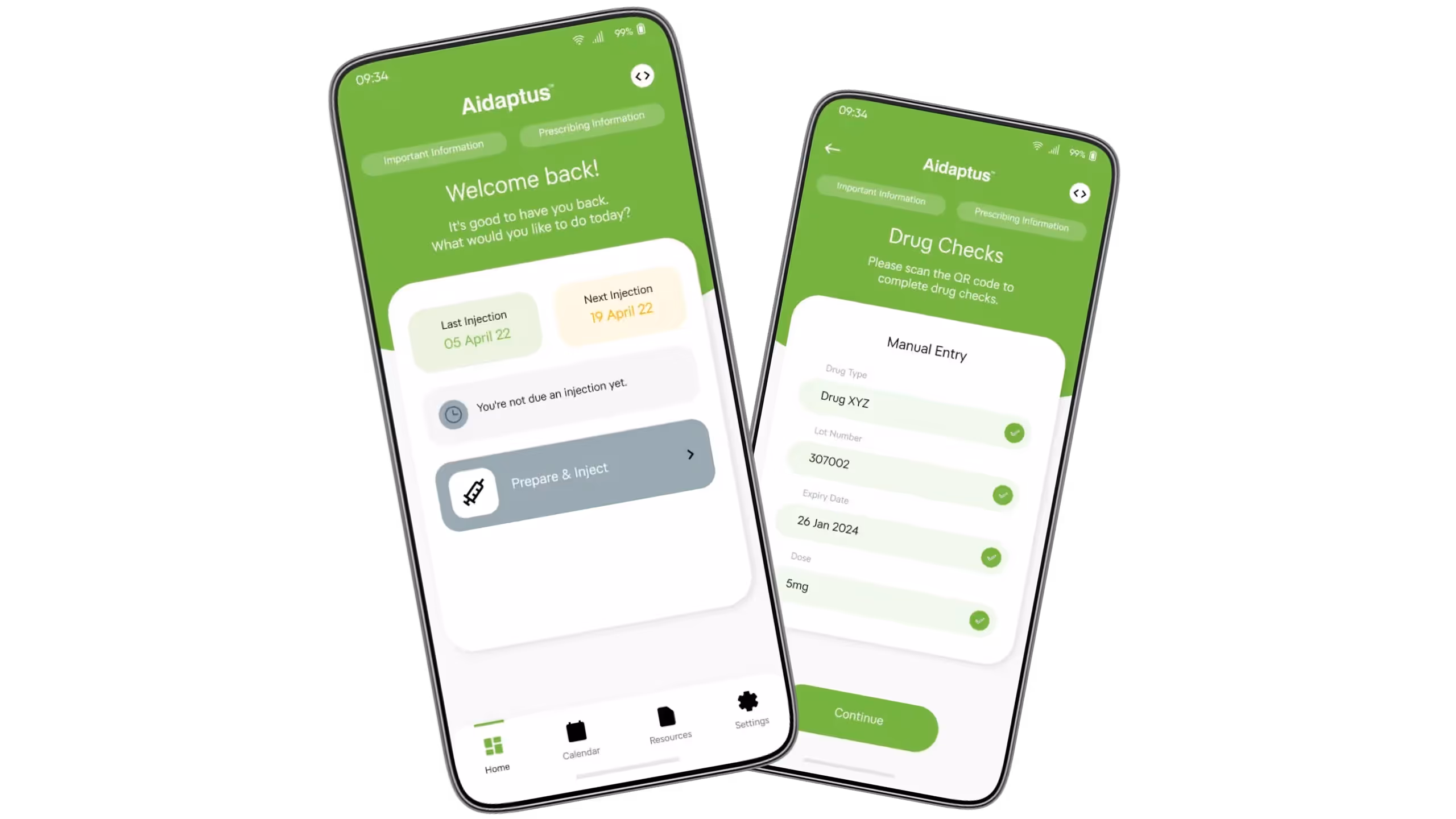 Two mobile phone screens displaying the Aidaptus app interface with one screen showing injection schedule and the other screen showing drug check manual entry form.