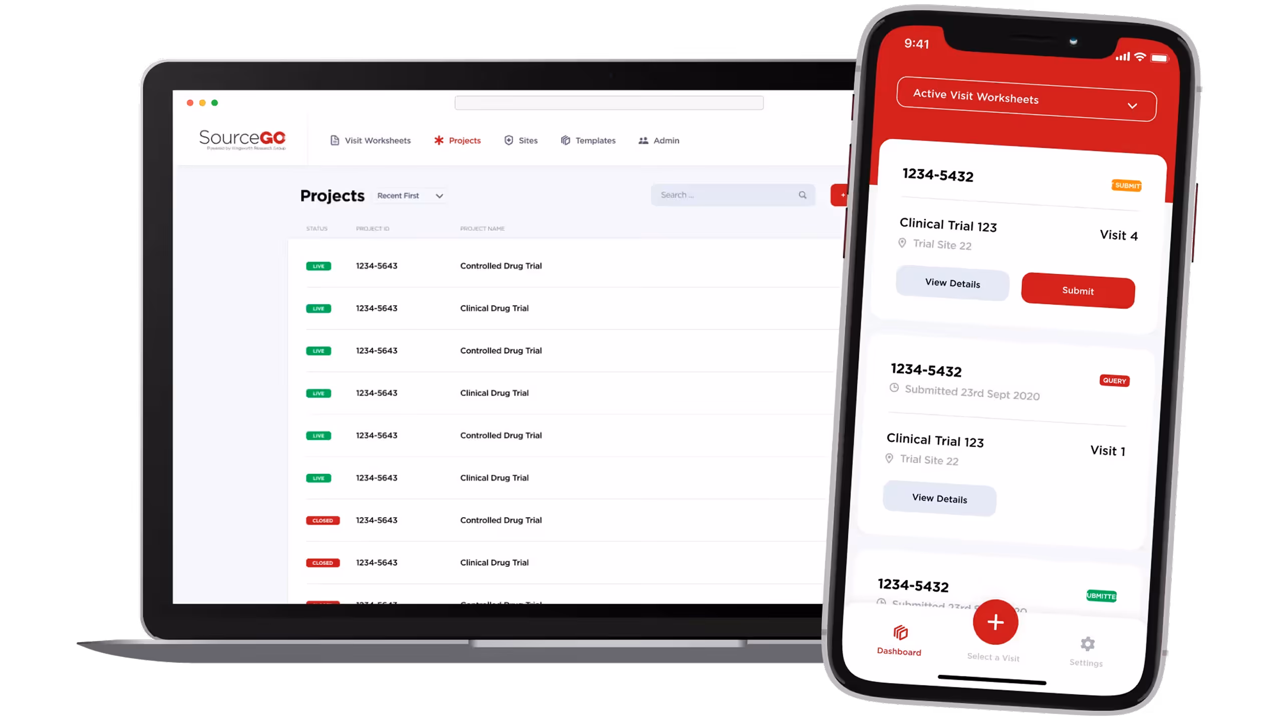 Laptop and smartphone displaying SourceGO clinical trial project management software with project lists and visit worksheets.