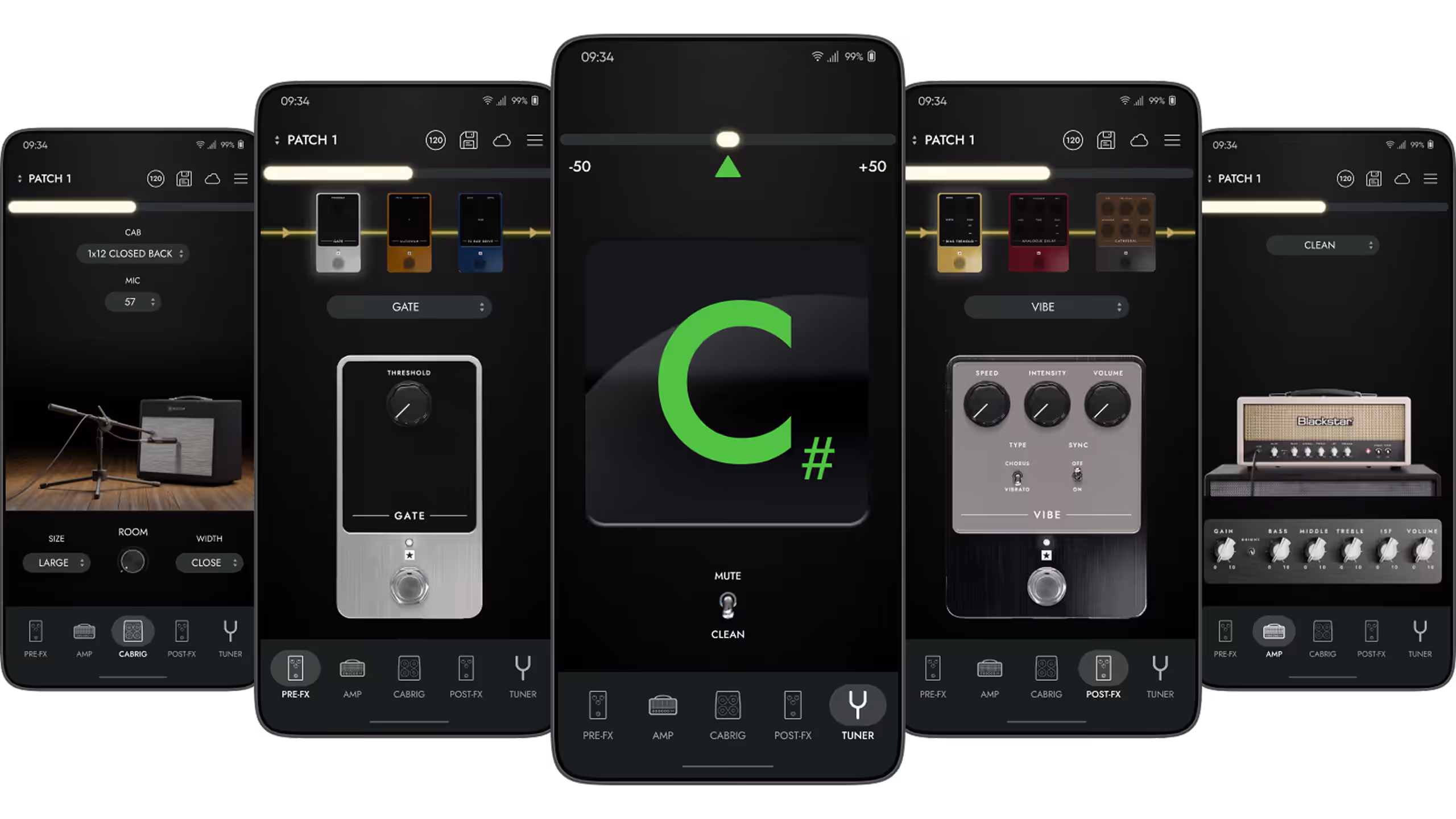Five smartphone screens of a guitar effects app showing settings for cab rig, noise gate, tuner at C#, vibe effect, and amplifier controls.